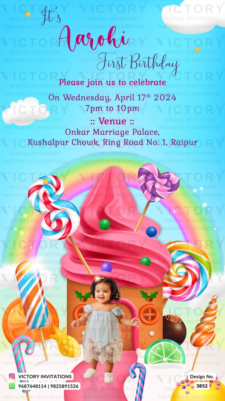 Birthday party invitation card in English language with rainbow theme design 3852