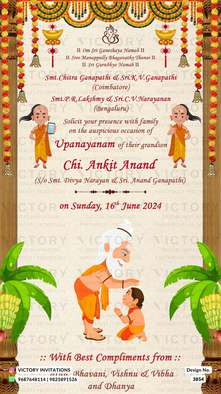 Upanayanam ceremony invitation card in english language with marigold garland, banana leaves as traditional theme design 3854