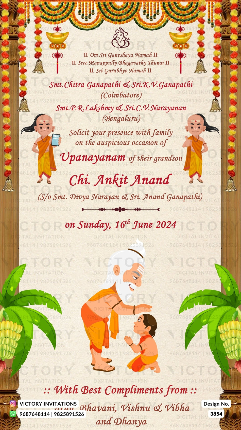 Upanayanam ceremony invitation card in english language with marigold garland, banana leaves as traditional theme design 3854