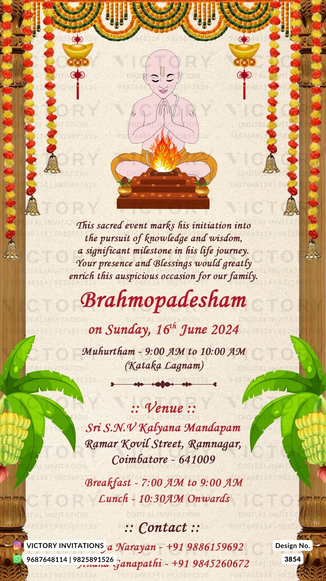Upanayanam ceremony invitation card in english language with marigold garland, banana leaves as traditional theme design 3854