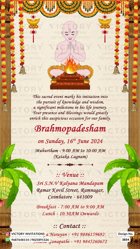 Upanayanam ceremony invitation card in english language with marigold garland, banana leaves as traditional theme design 3854