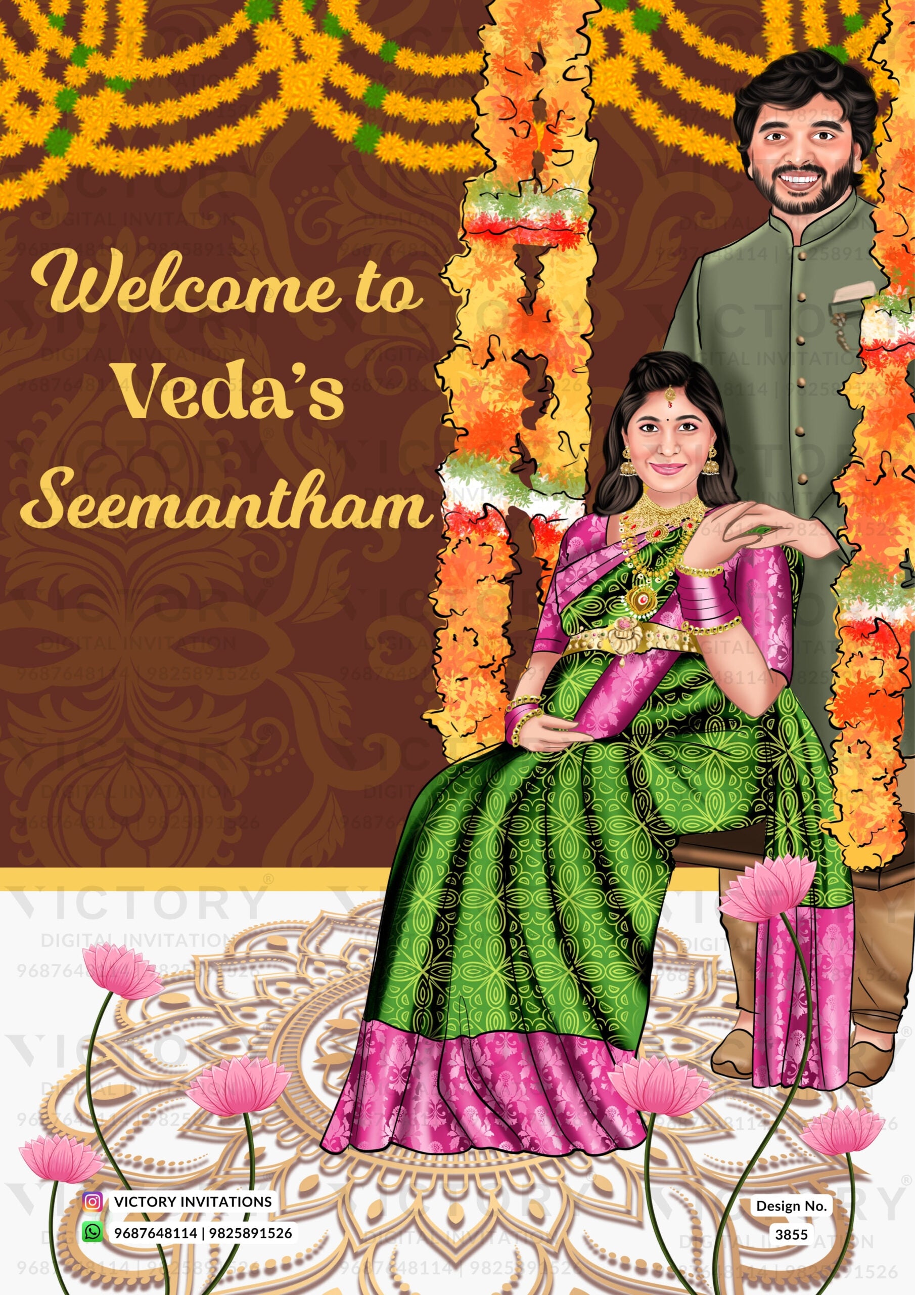 Sitting couple caricature invitation card for Seemantham Baby Shower ceremony in English language with flowers, mandala as traditional theme design 3855