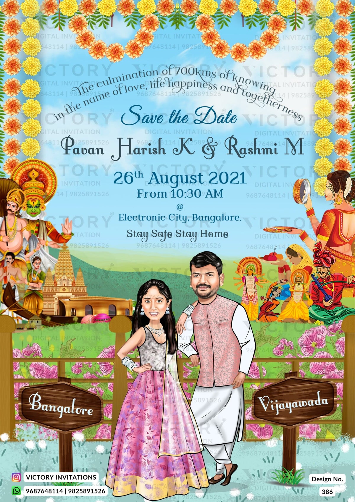 Charming couple caricature invitation card for Save the Date in English language with flowers, mountain, tample as garden theme design 386