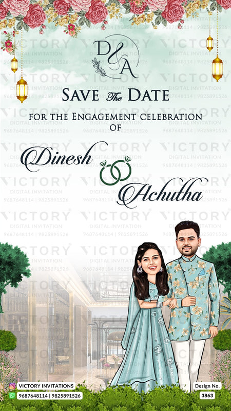 Traditional couple caricature invitation card for Engagement ceremony in English language with flowers, lantern, couple caricature as floral theme design 3863
