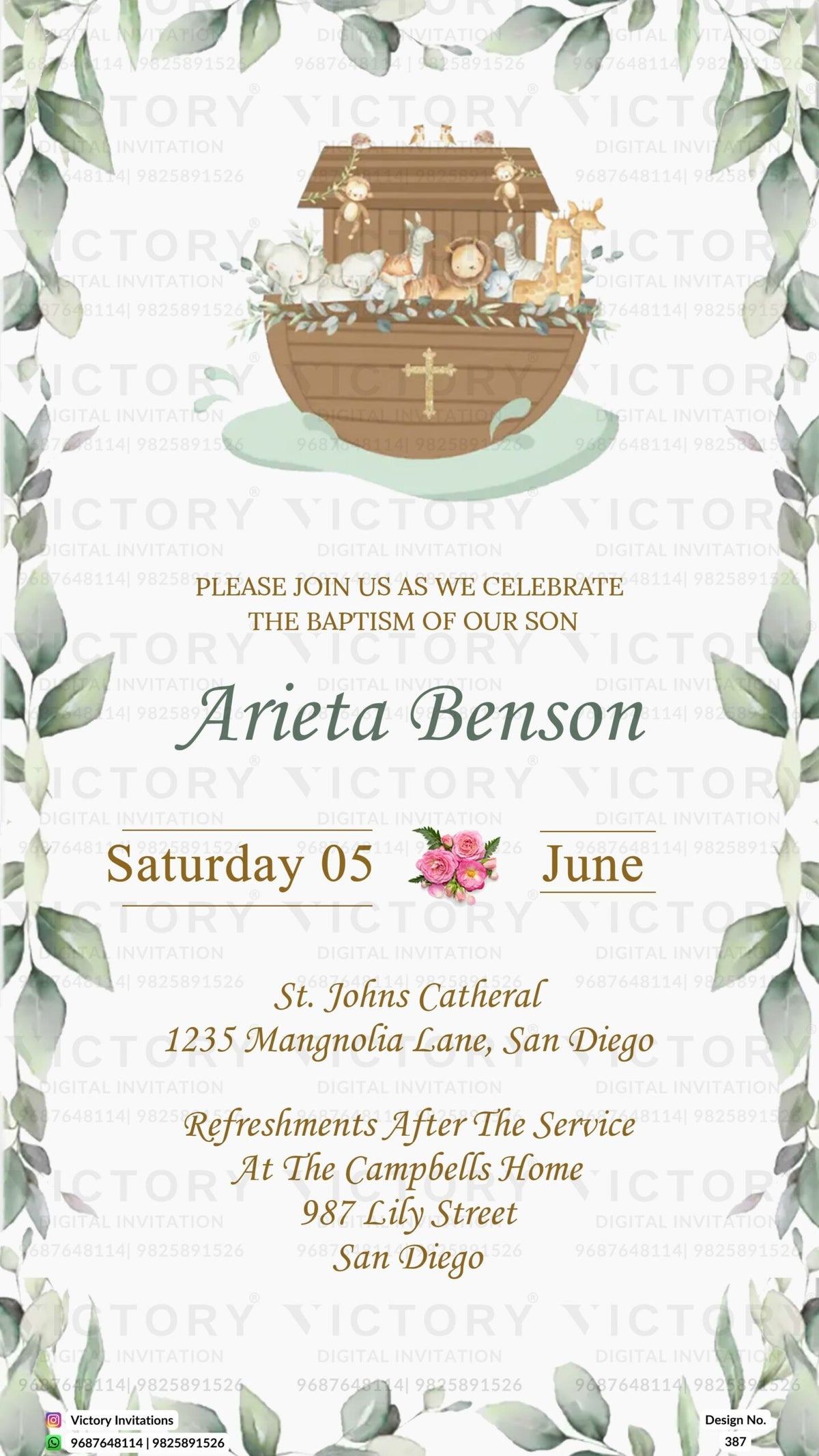 Baptism ceremony invitation card in english language with flowers, toys as floral theme design 387