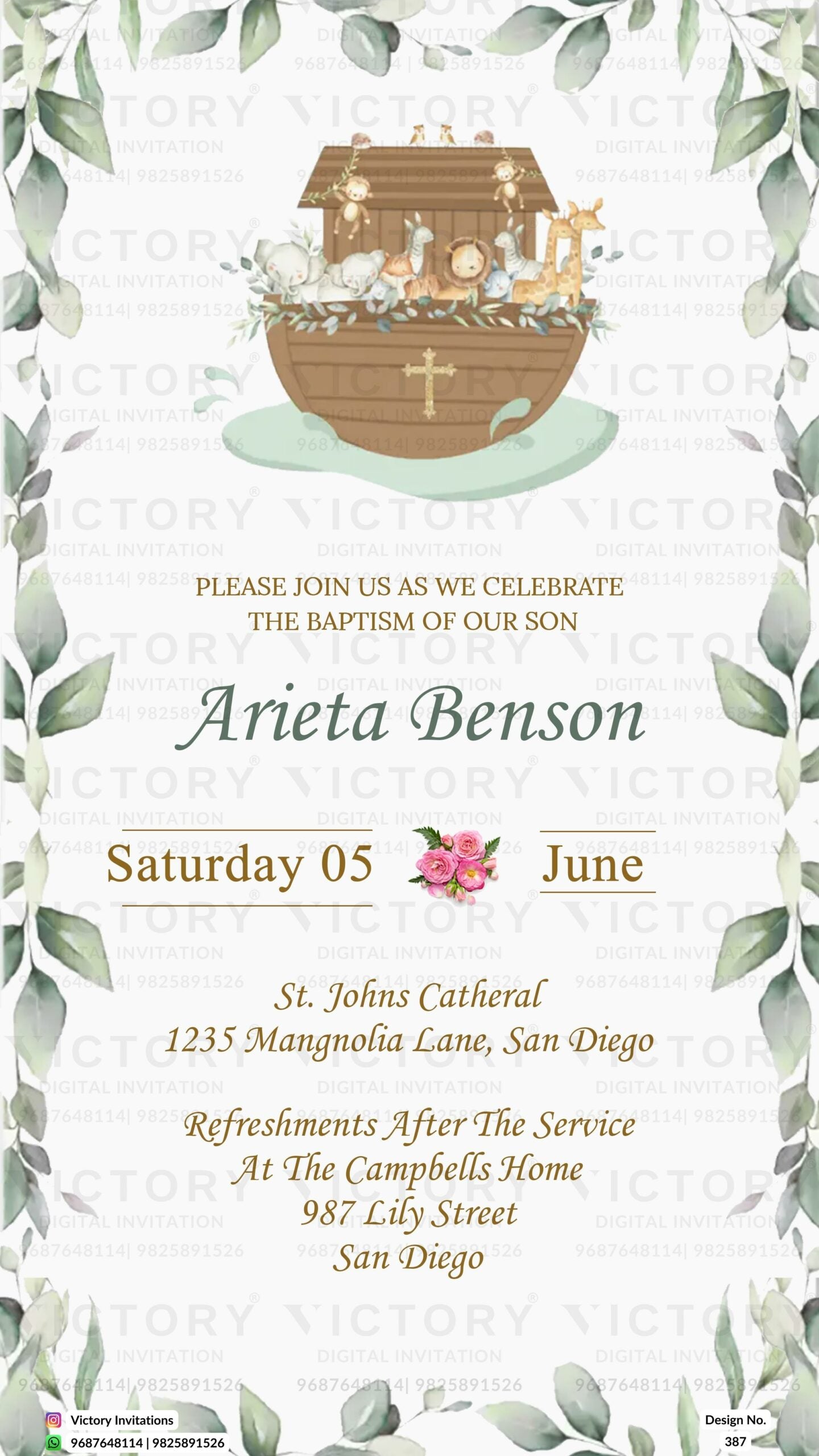 Baptism ceremony invitation card in english language with flowers, toys as floral theme design 387