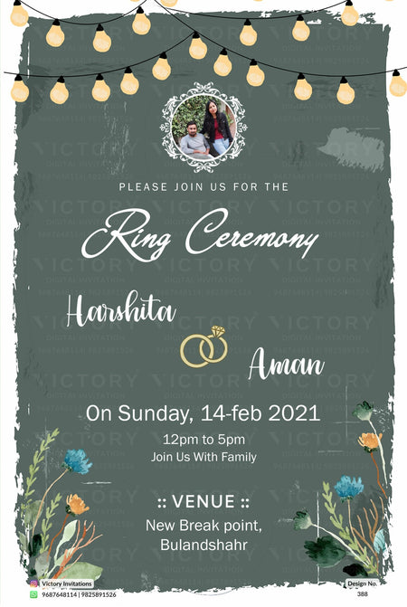 Engagement ceremony invitation card in english language with couple photo, string light, flowers as minimalistic theme design 388