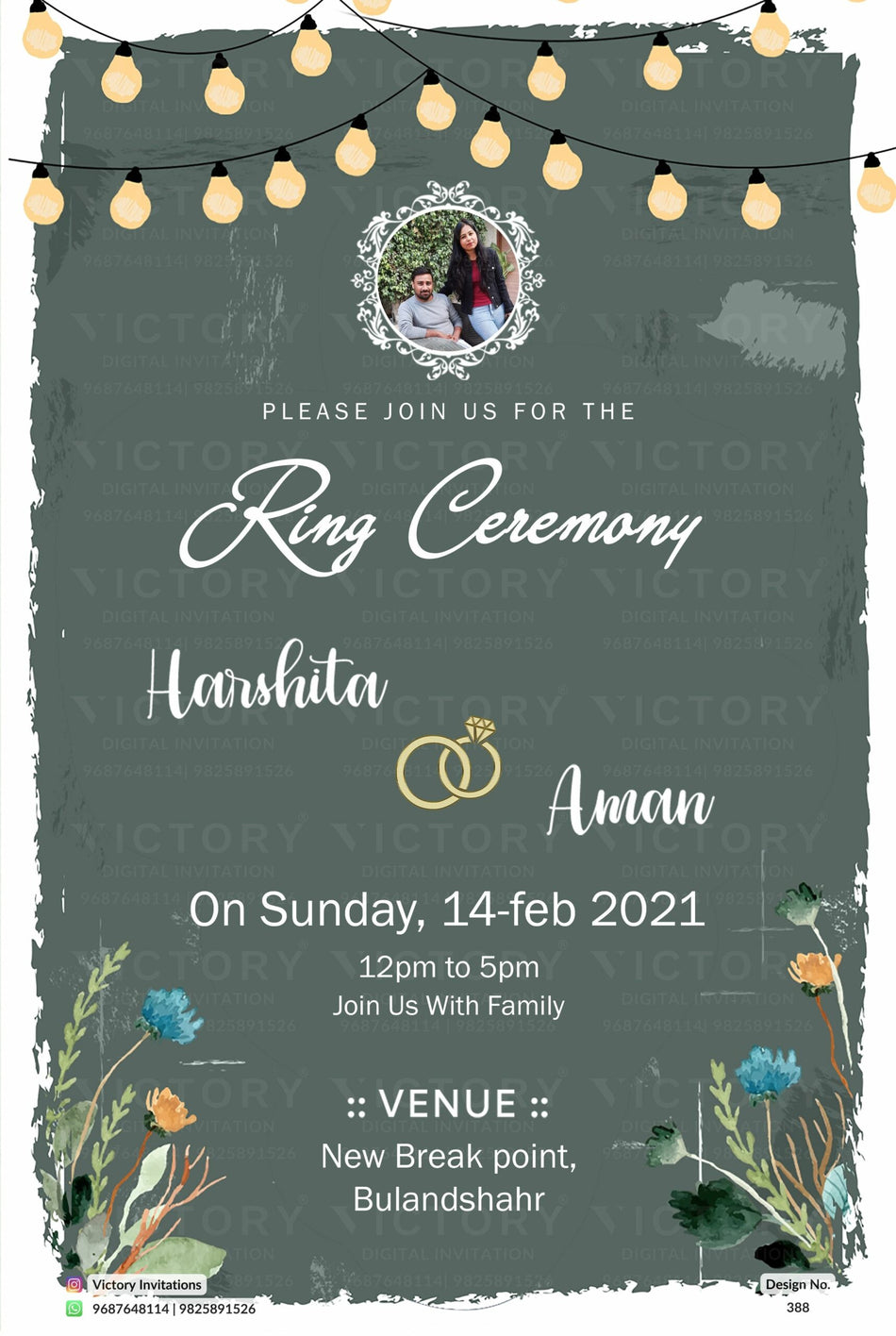 Engagement ceremony invitation card in english language with couple photo, string light, flowers as minimalistic theme design 388