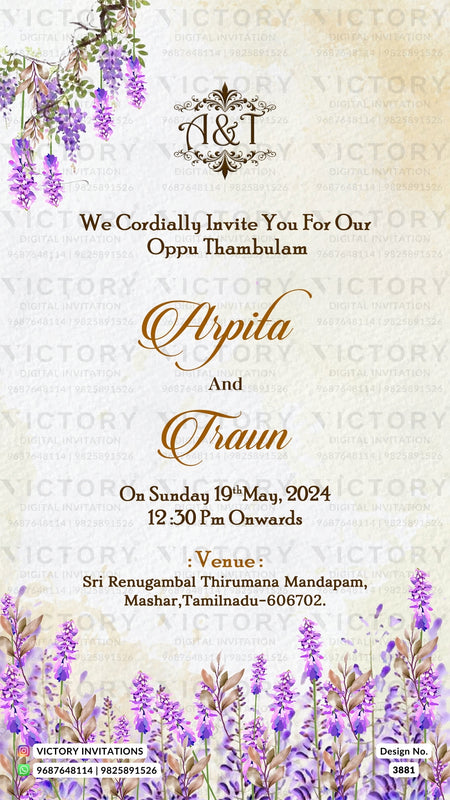 Oppu Thamboolam Ceremony invitation card in english language with couple logo, flowers as floral theme design 3881