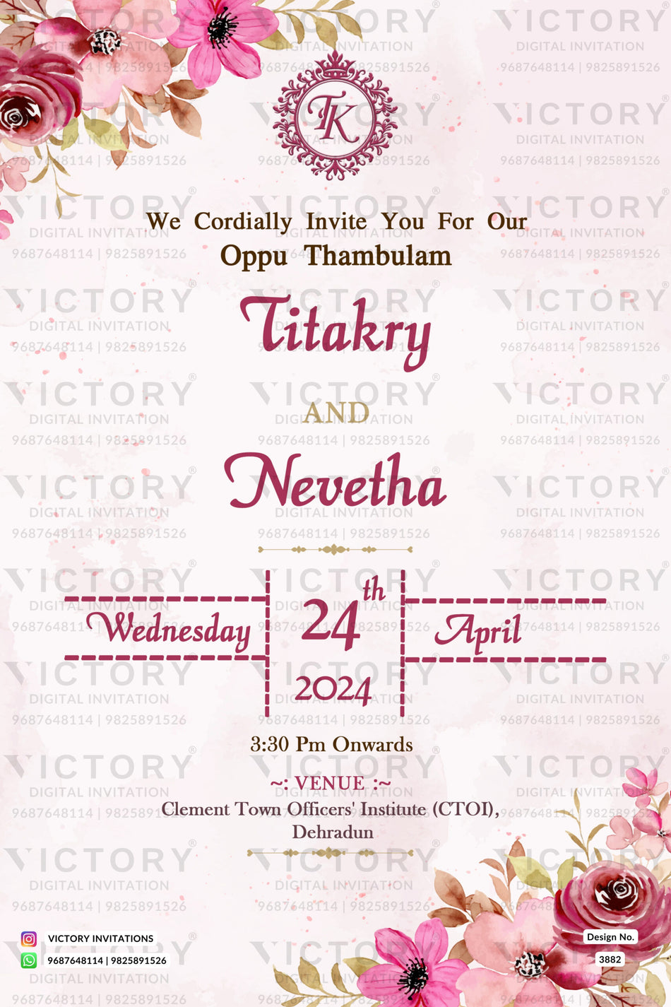Oppu Thamboolam Ceremony invitation card in english language with couple logo, flowers as floral theme design 3882