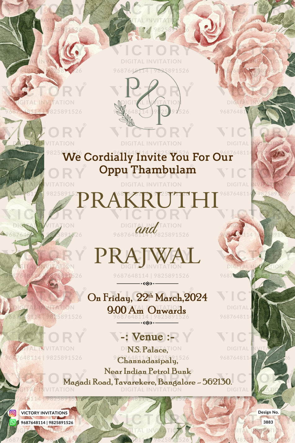 Oppu Thamboolam Ceremony invitation card in english language with flowers, leaves, couple logo as floral theme design 3883