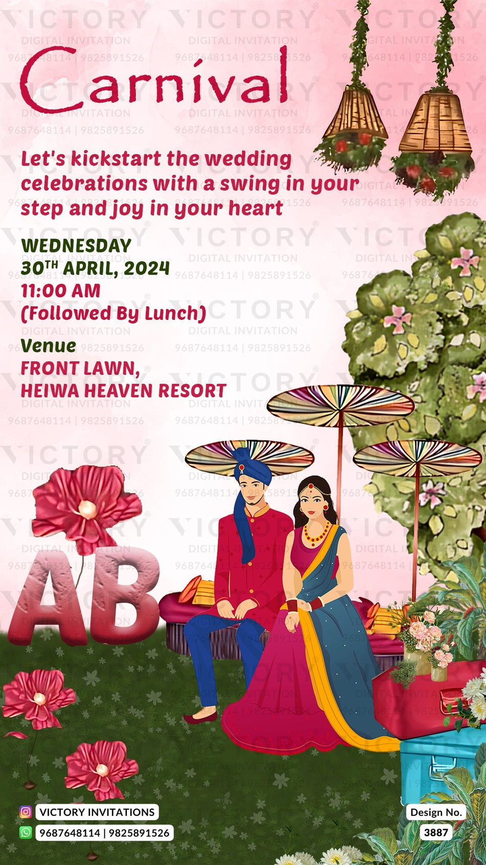 Carnival Party invitation card in english language with couple doodle, flowers as garden theme design 3887