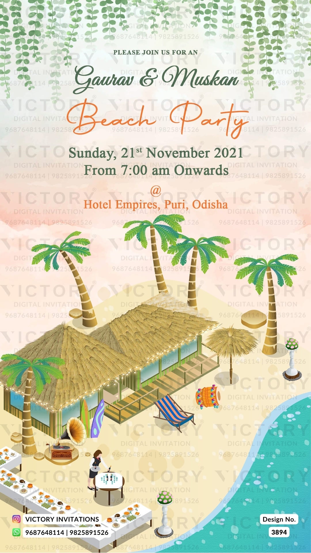 Beach Party invitation card in english language with coconuts tree, leaves, Wooden house as Beach theme design 3894