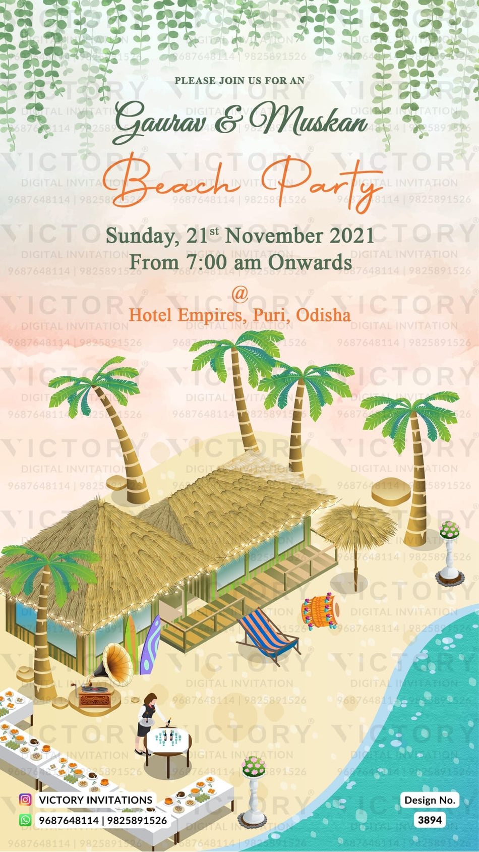 Beach Party invitation card in english language with coconuts tree, leaves, Wooden house as Beach theme design 3894