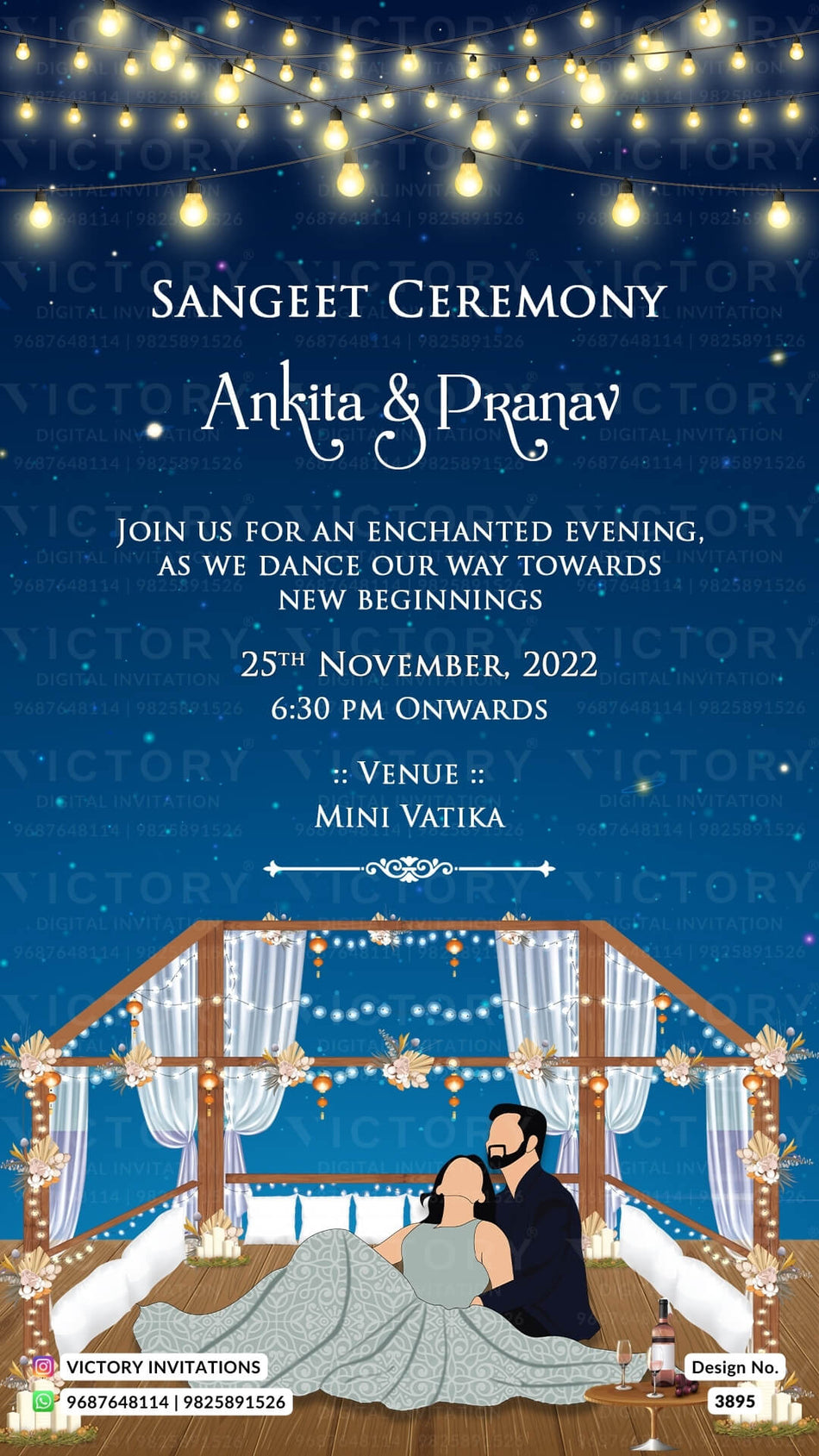 Sangeet Sandhya Ceremony invitation card in english language with couple doodle, string lights as night view theme design 3895