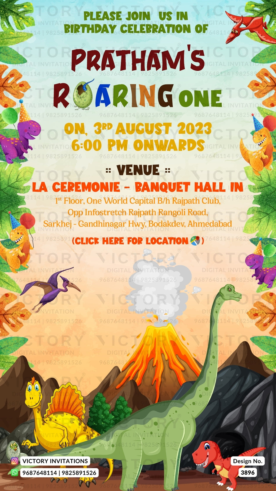 Birthday party invitation card for boy in English language with volcanic as dinosaur theme design 3896