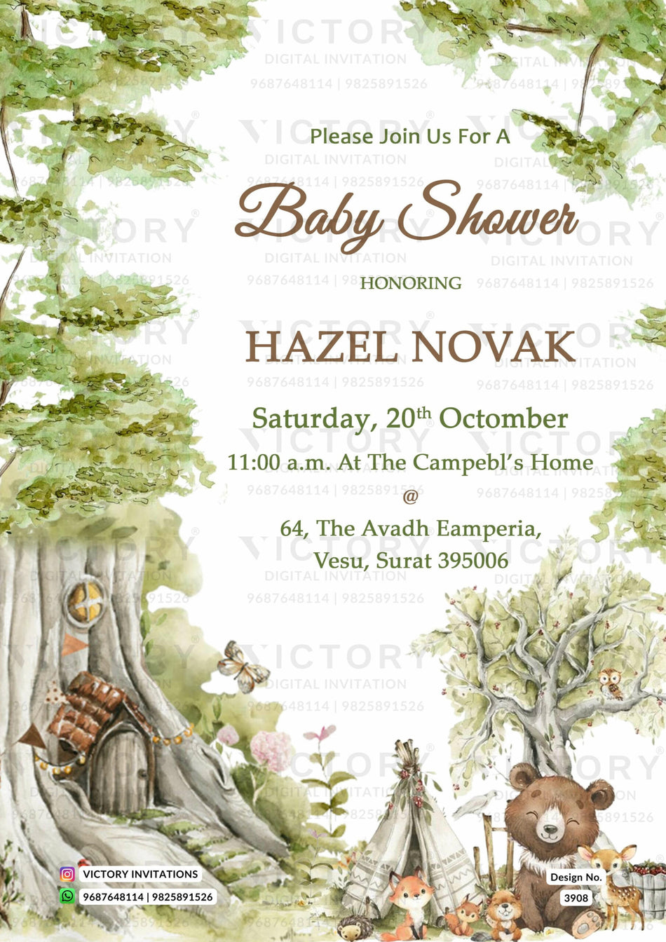 Baby Shower ceremony invitation card in english language with tree, teddy bear as forest theme design 3908