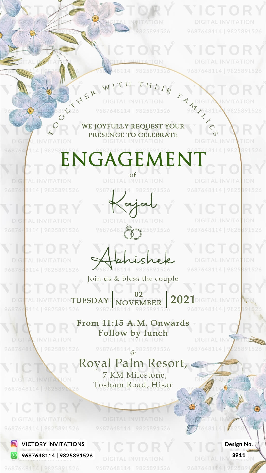 Engagement ceremony invitation card in english language with golden frame, leaves as floral theme design 3911