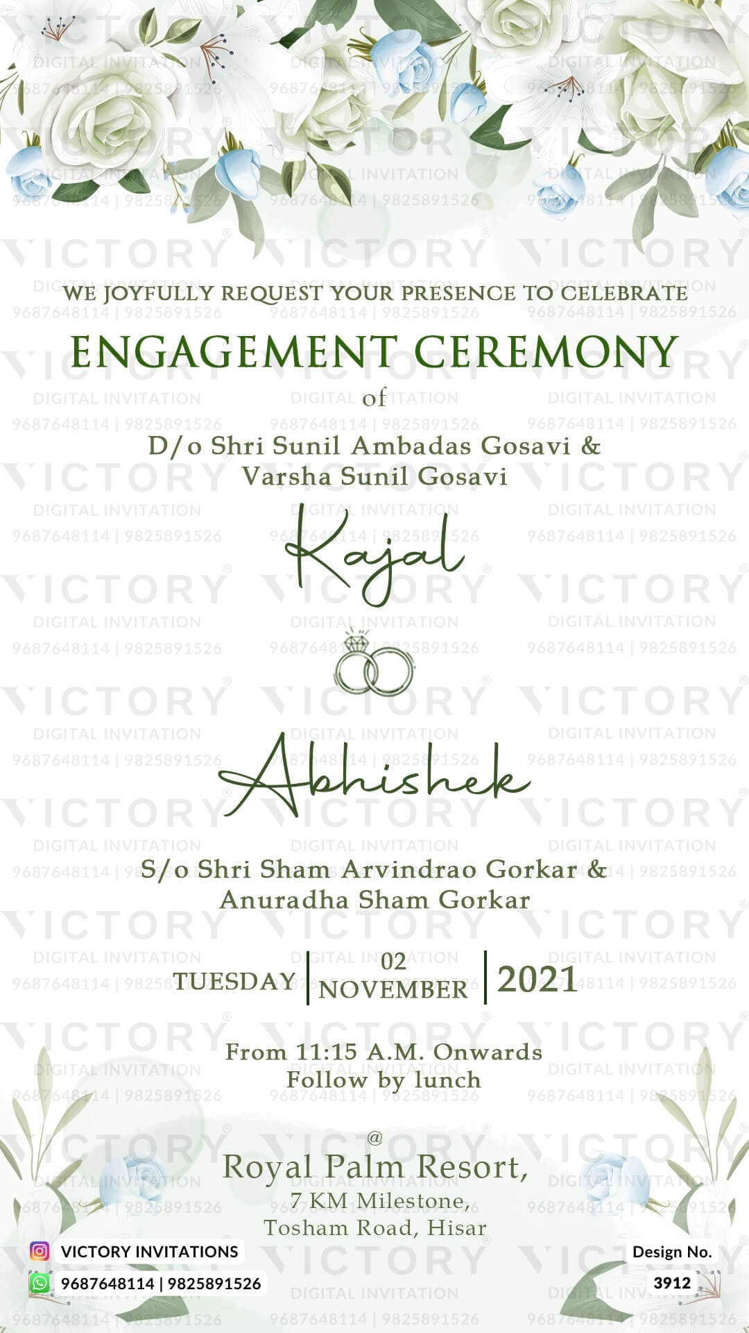 Engagement ceremony invitation card in english language with golden frame, leaves as floral theme design 3912