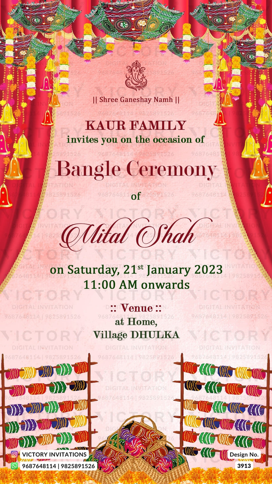 Bangle ceremony invitation card in english language with umbrella, curtain, toran, bangles as traditional theme design 3913