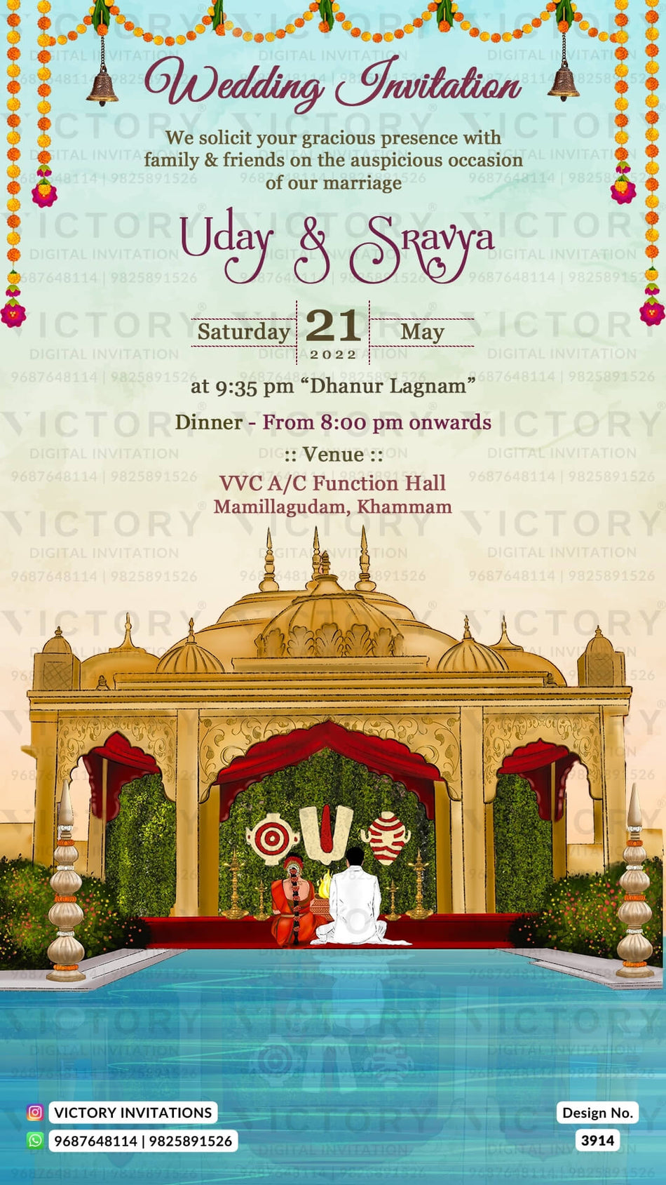 Wedding ceremony invitation card of hindu south indian telugu family in English language with Royal theme design 3914