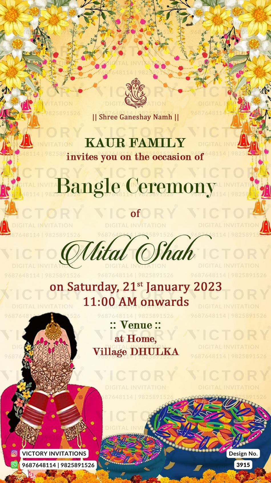Bangle ceremony invitation card in english language with girl doodle, toran, bangle basket as traditional theme design 3915