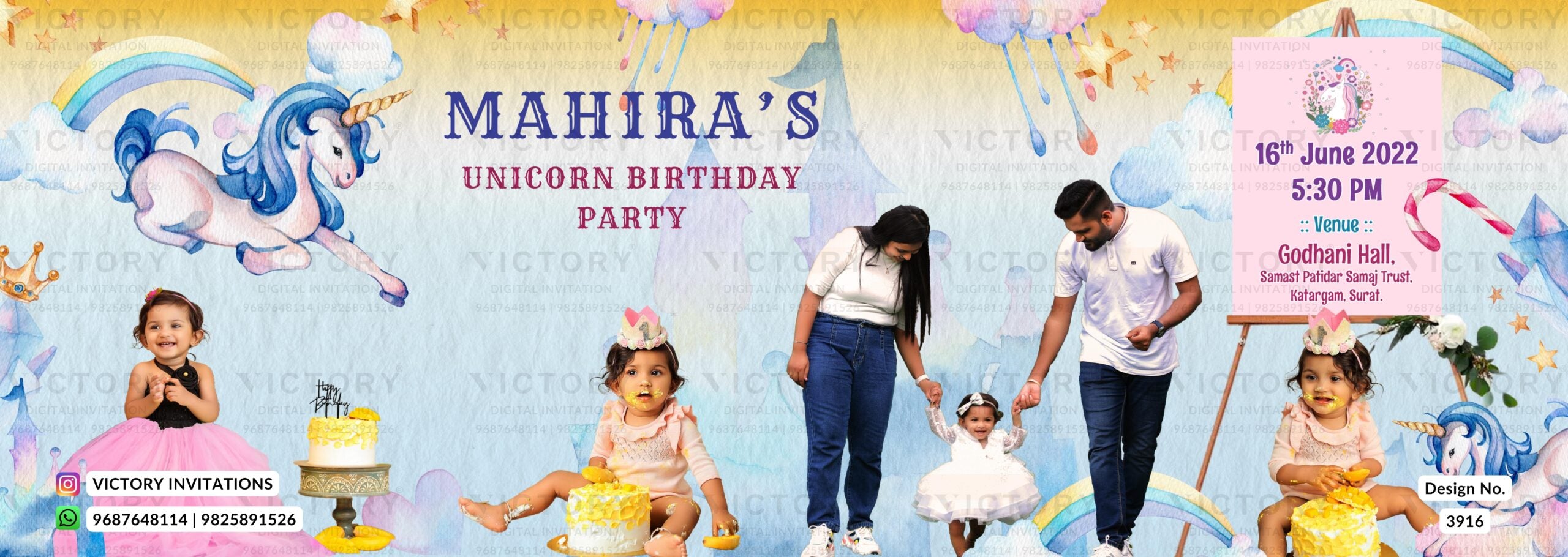 Birthday party invitation card for girl in english language with photos, star as unicorn theme design 3916