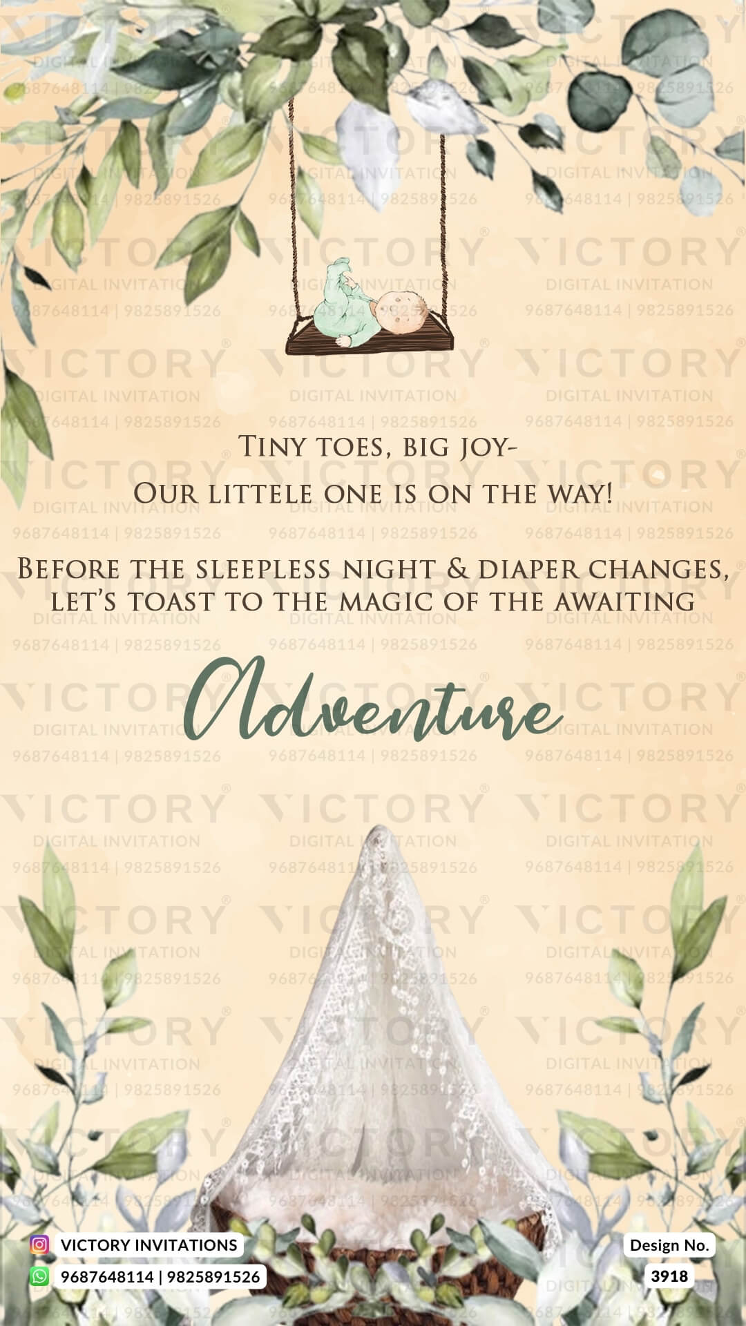 stylish couple caricature invitation card for Baby Shower ceremony in English language with leaves as floral theme design 3918