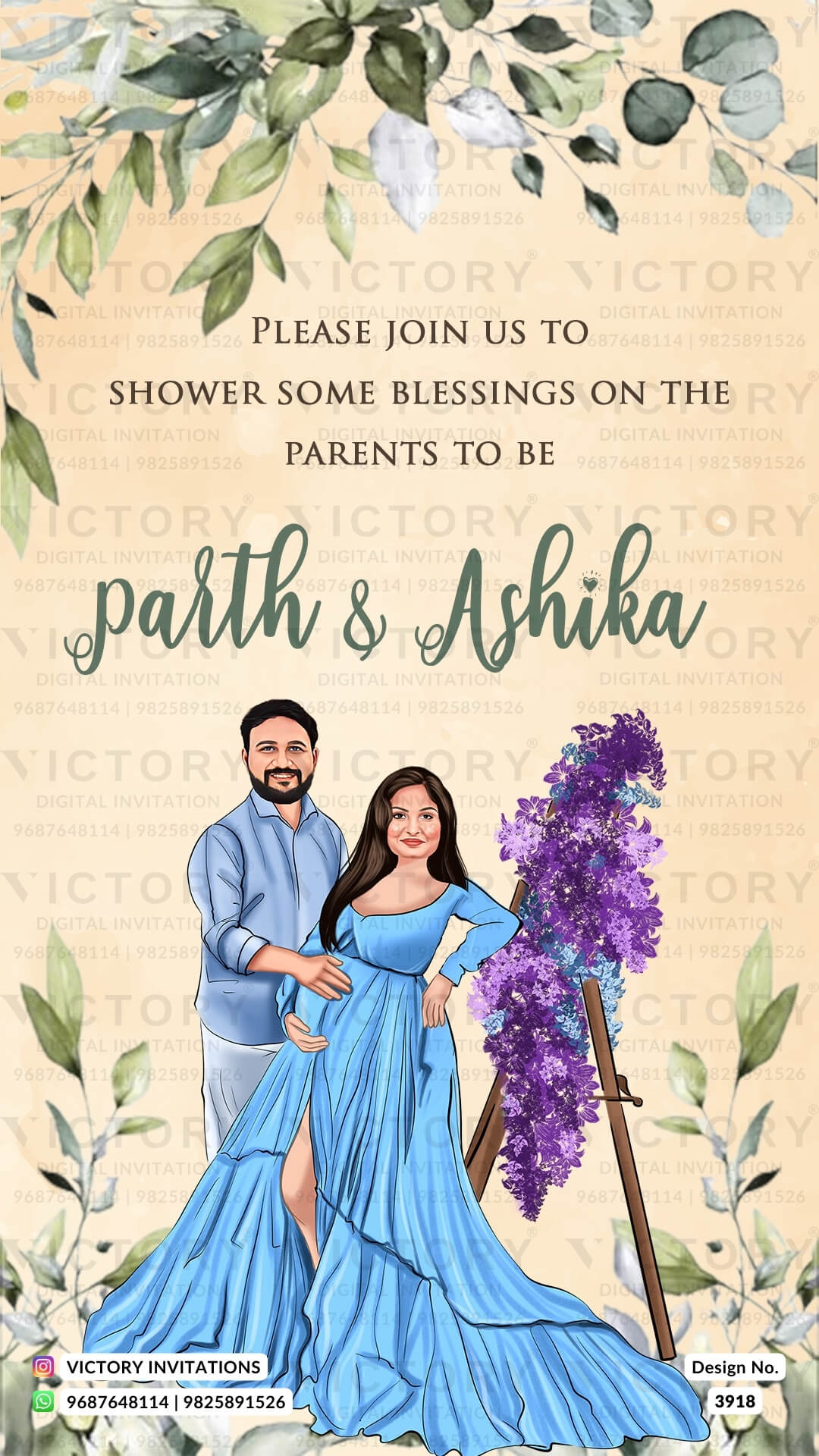 stylish couple caricature invitation card for Baby Shower ceremony in English language with leaves as floral theme design 3918