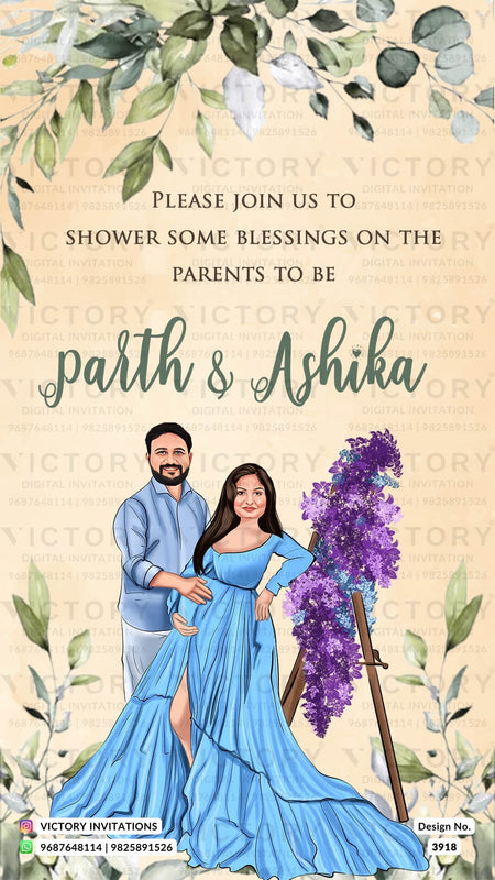 stylish couple caricature invitation card for Baby Shower ceremony in English language with leaves as floral theme design 3918