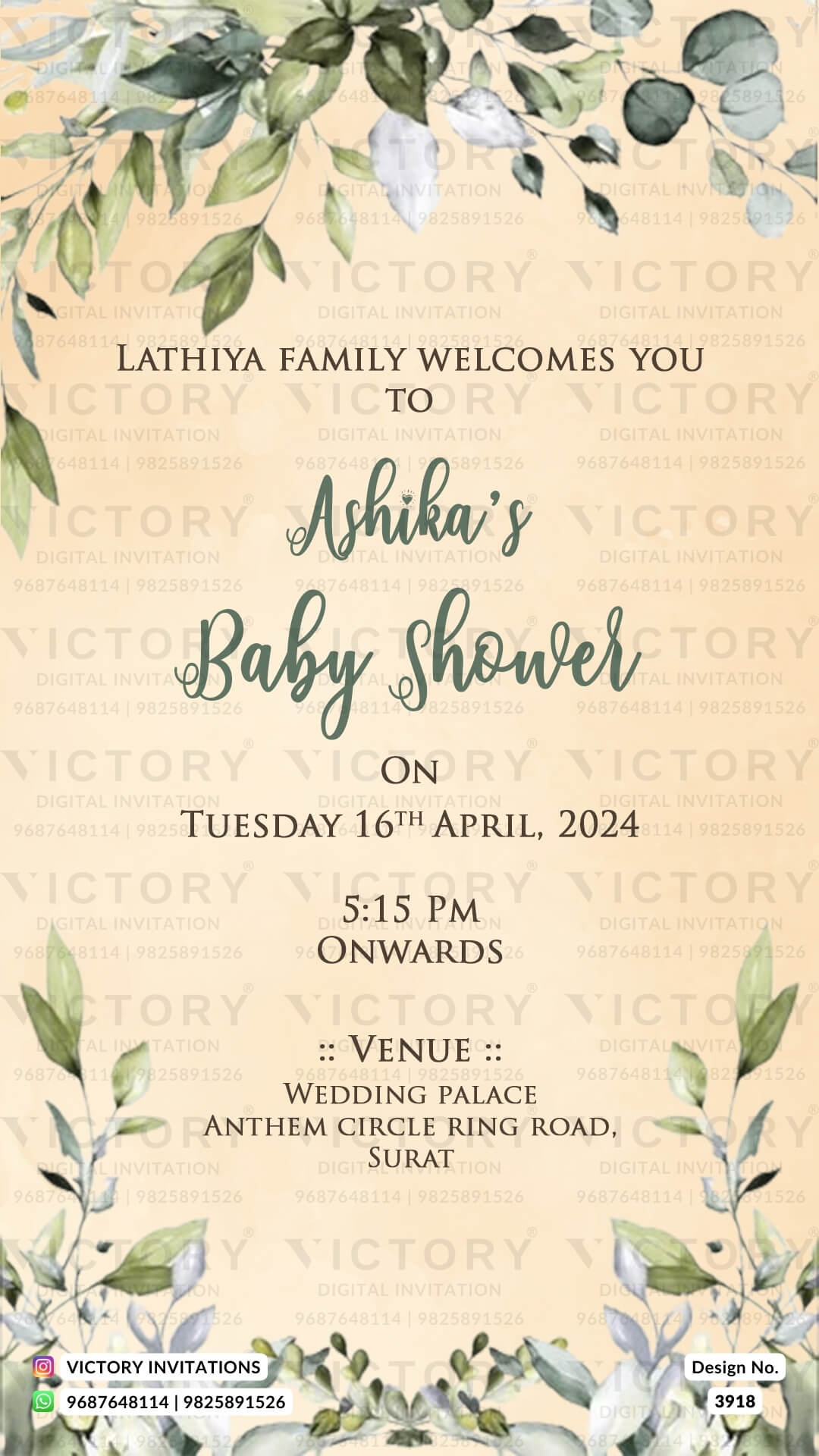 stylish couple caricature invitation card for Baby Shower ceremony in English language with leaves as floral theme design 3918