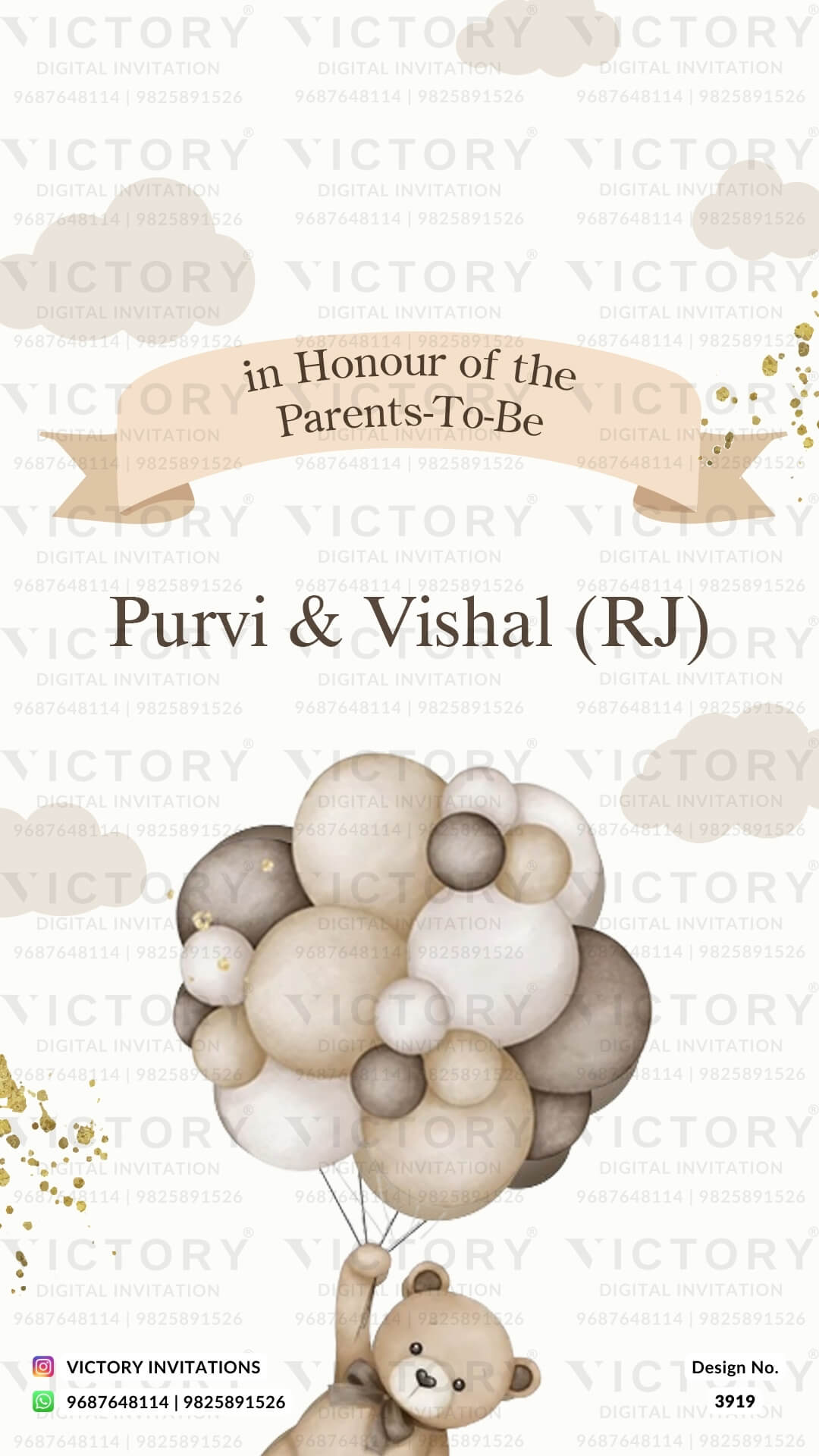 Baby Shower ceremony invitation card in english language with teddy bear, balloons, cloud as playful theme design 3919