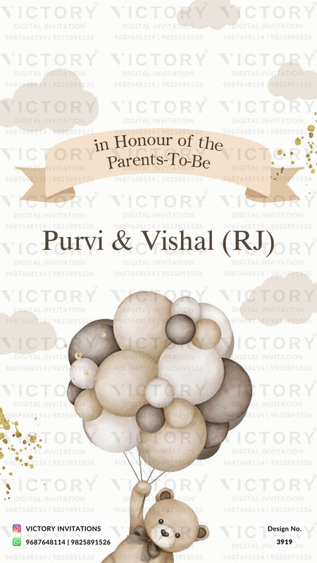 Baby Shower ceremony invitation card in english language with teddy bear, balloons, cloud as playful theme design 3919