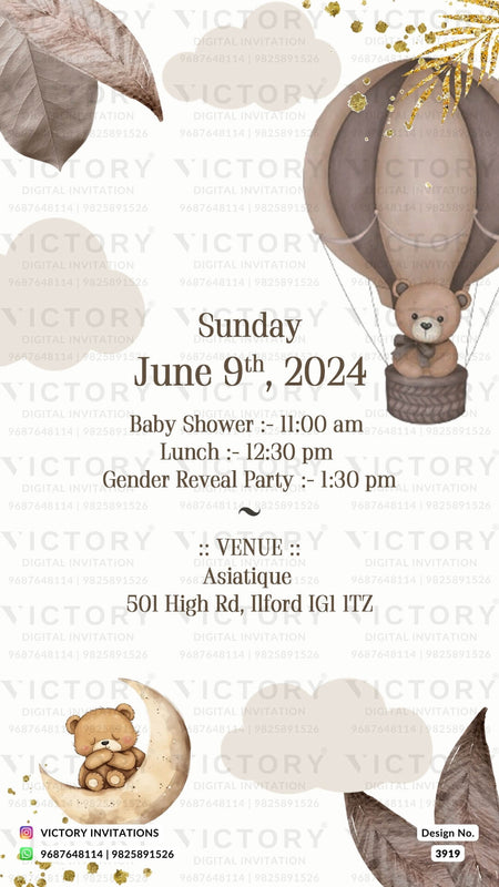 Baby Shower ceremony invitation card in english language with teddy bear, balloons, cloud as playful theme design 3919