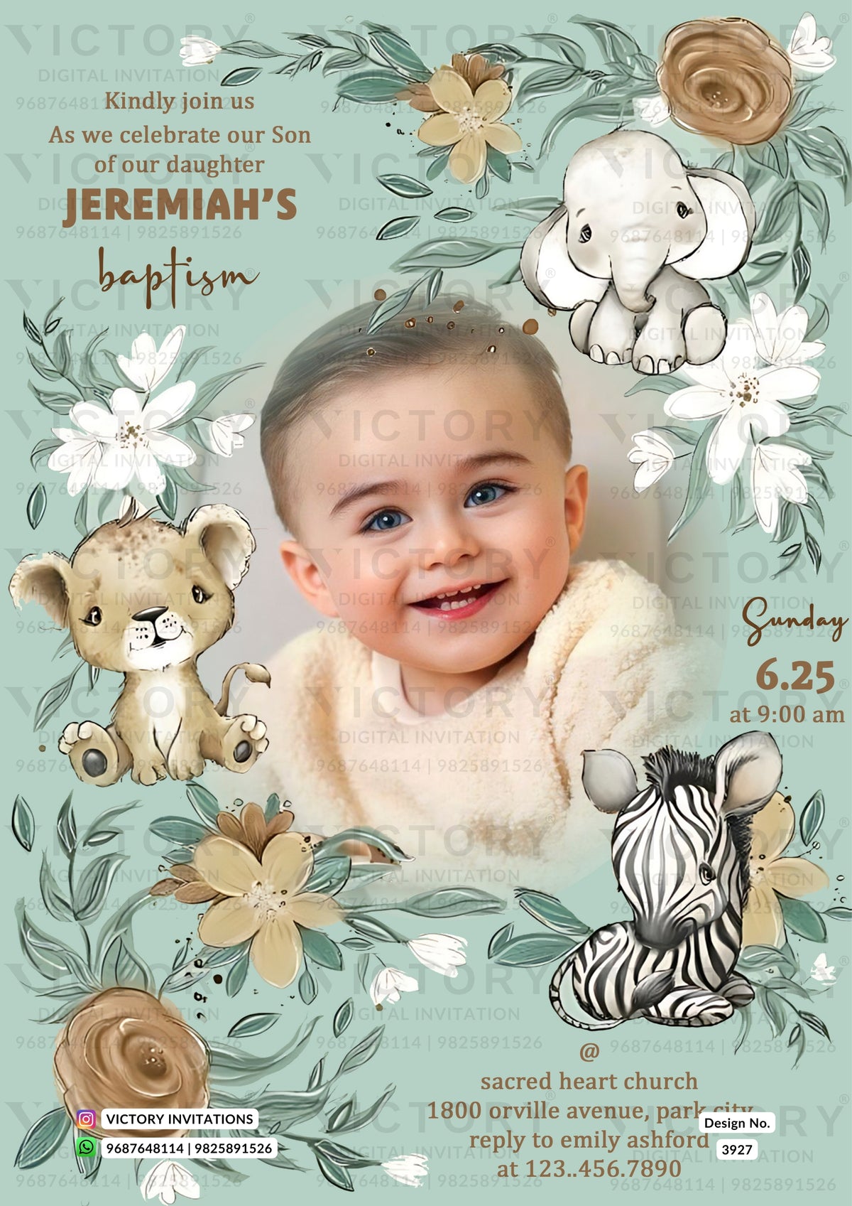 A baptism invitation card featuring a smiling young boy in the center, surrounded by illustrated animals including an elephant, lion, zebra, and rose motifs on a pale aqua floral background. Text includes 'Jeremiah's baptism' and event details.