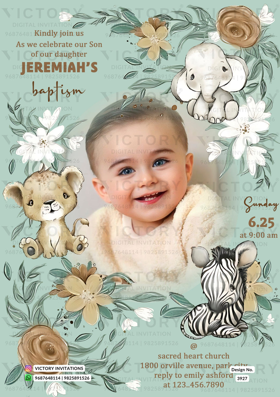 A baptism invitation card featuring a smiling young boy in the center, surrounded by illustrated animals including an elephant, lion, zebra, and rose motifs on a pale aqua floral background. Text includes 'Jeremiah's baptism' and event details.