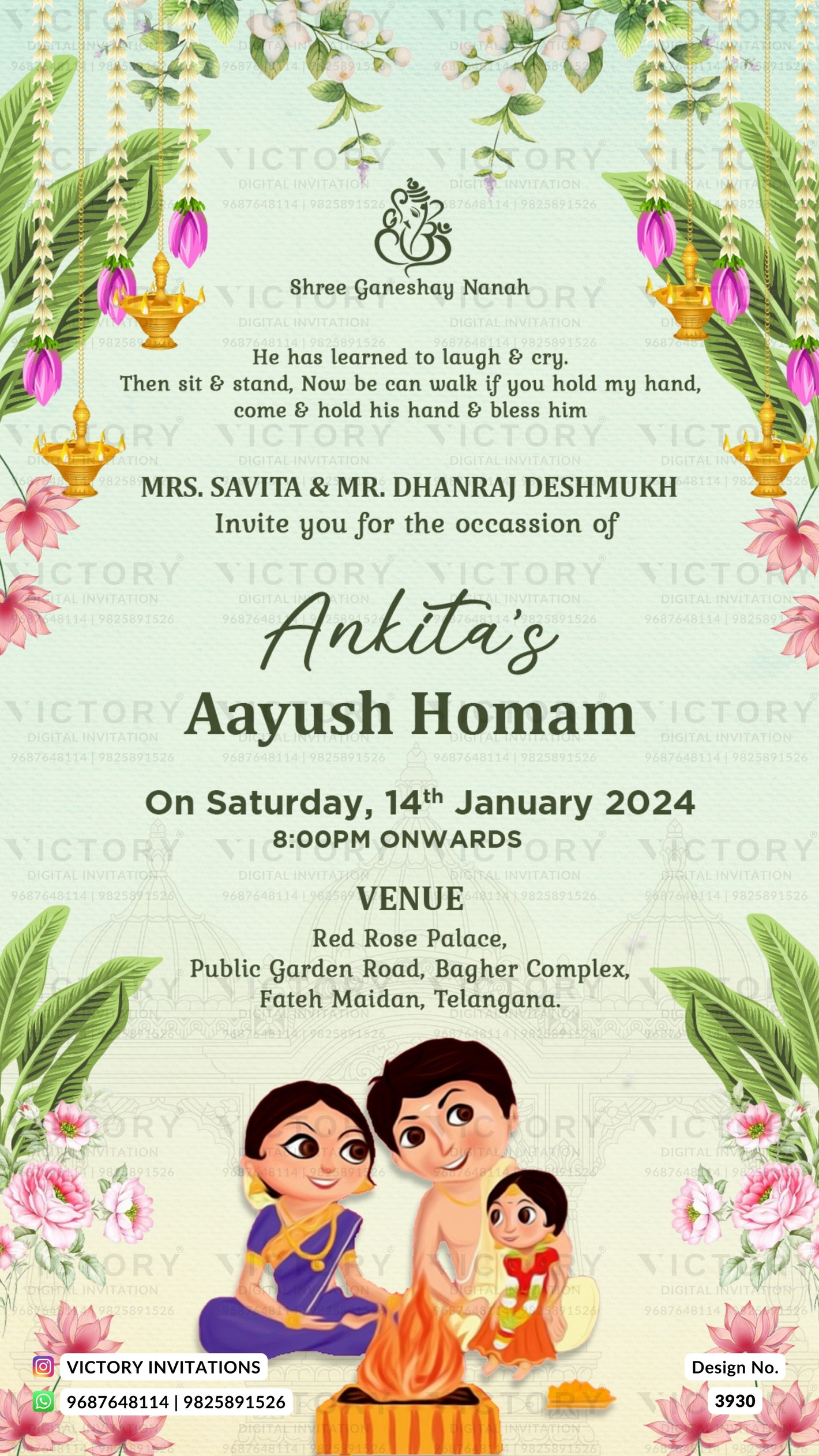 A festive baby shower invitation card featuring a light green background decorated with pink flowers, hanging lamps, and green leaves. The center contains black and dark green text inviting guests to 'Ankita's Aayush Homam' along with event details and cartoon illustrations of a bride, groom, and their child at the bottom.