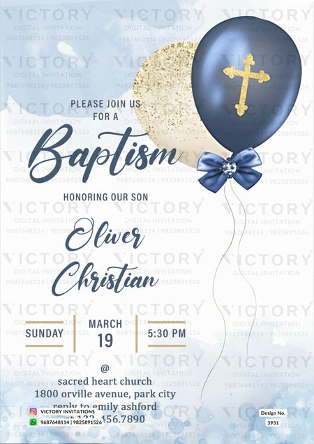 Baptism ceremony invitation card in english language with ribbon as balloons theme design 3931