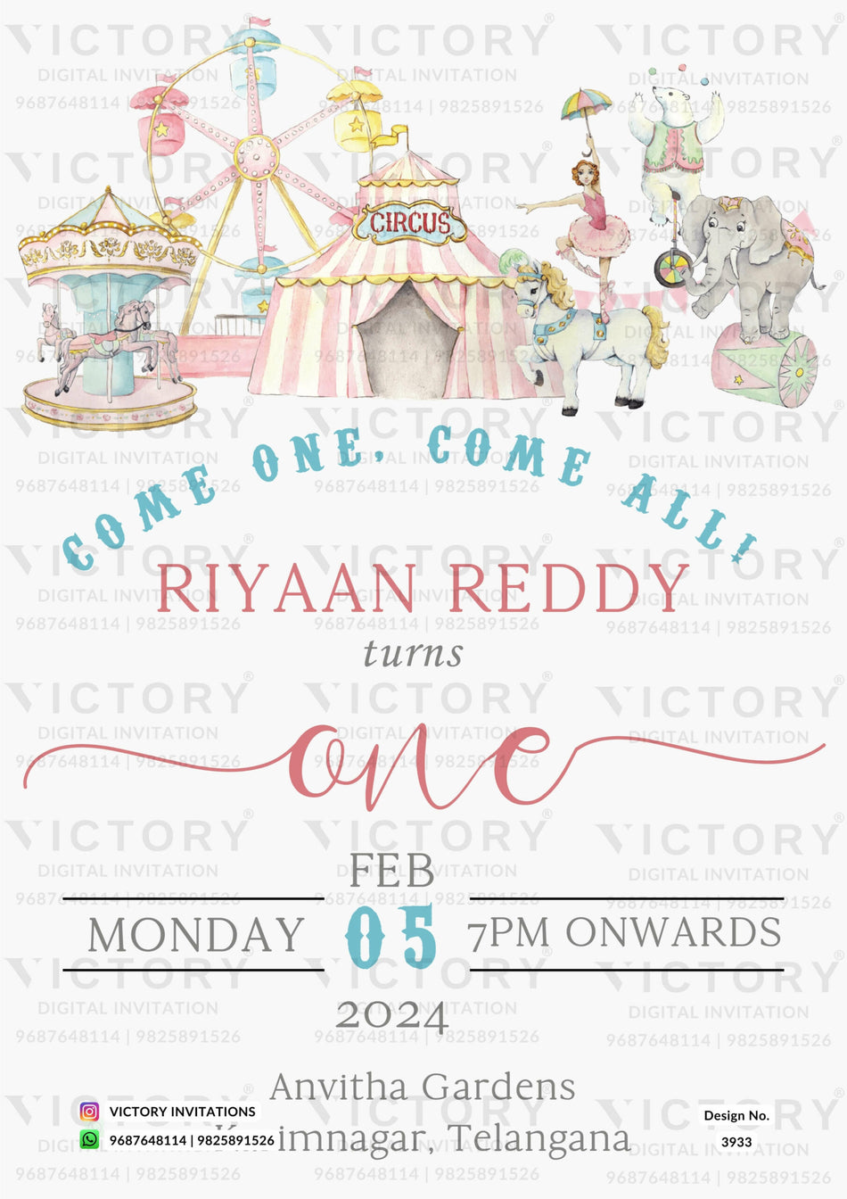 Birthday party invitation card in English language with carnival theme design 3933