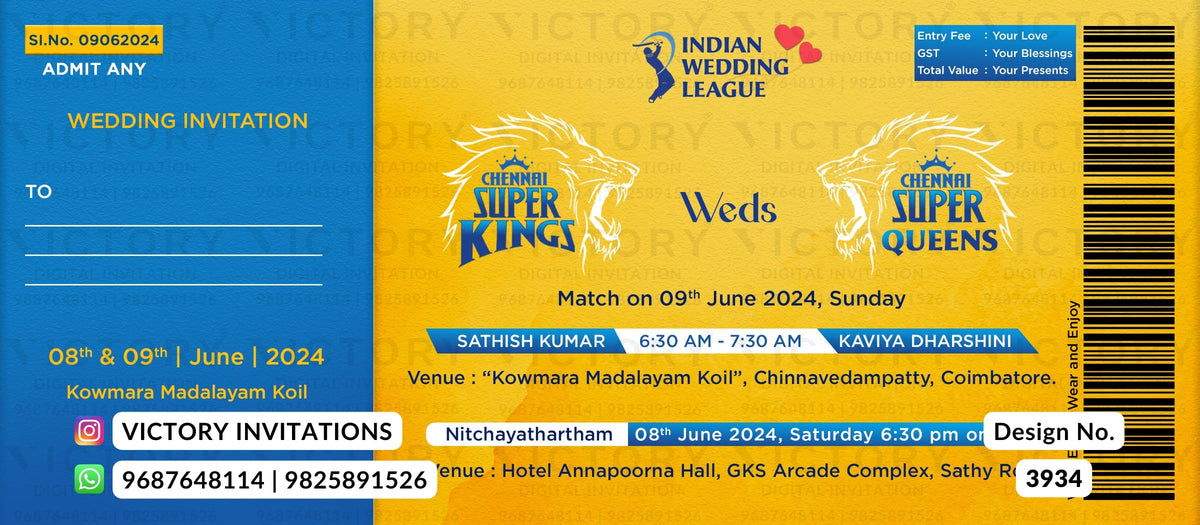 Wedding ceremony invitation card of hindu south indian tamil family in english language with cricket ticket theme design 3934
