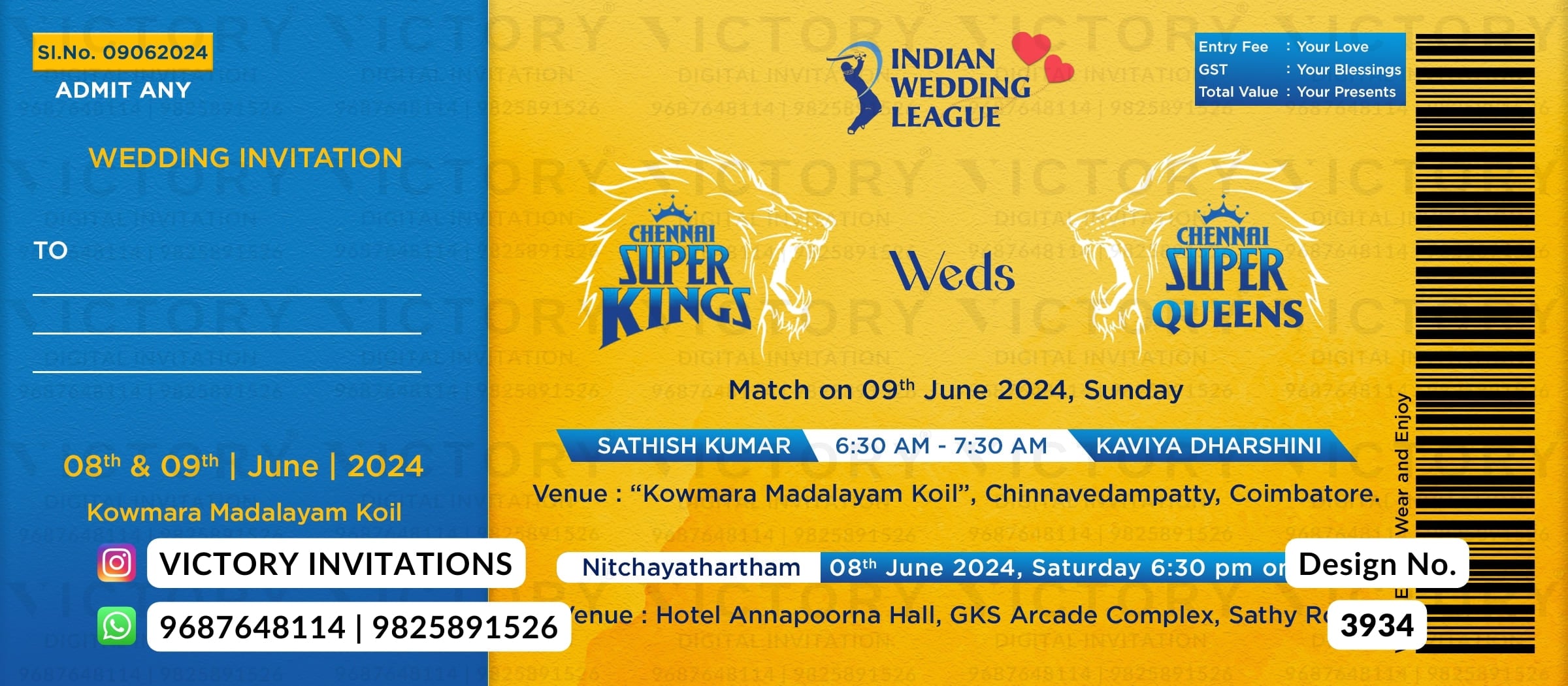 Wedding ceremony invitation card of hindu south indian tamil family in english language with cricket ticket theme design 3934