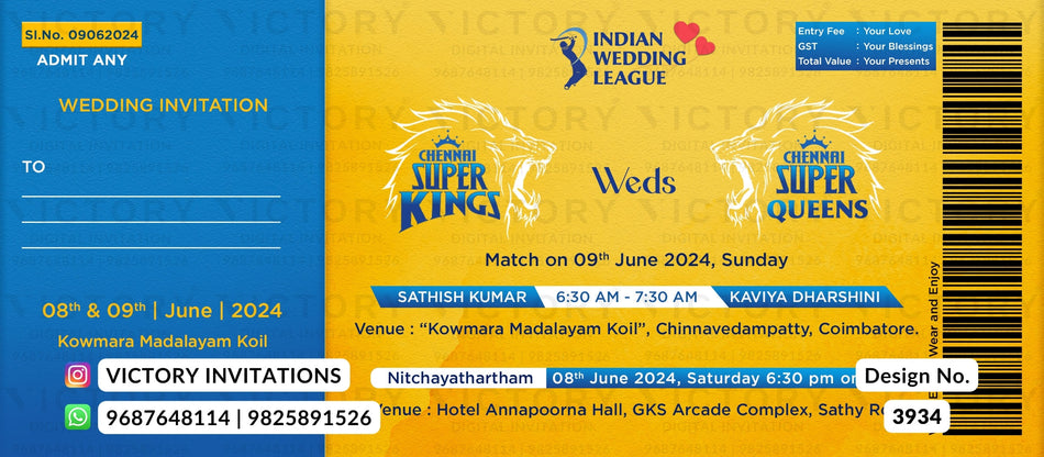 Wedding ceremony invitation card of hindu south indian tamil family in english language with cricket ticket theme design 3934