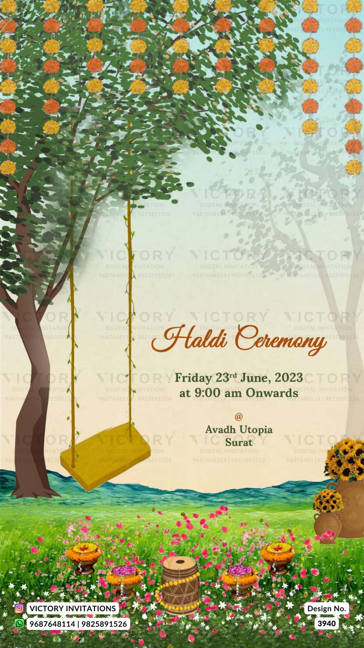 Haldi ceremony invitation card in english language with drums, marigold garland as garden theme design 3940