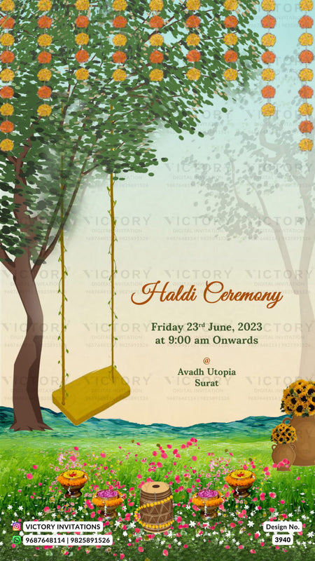 Haldi ceremony invitation card in english language with drums, marigold garland as garden theme design 3940