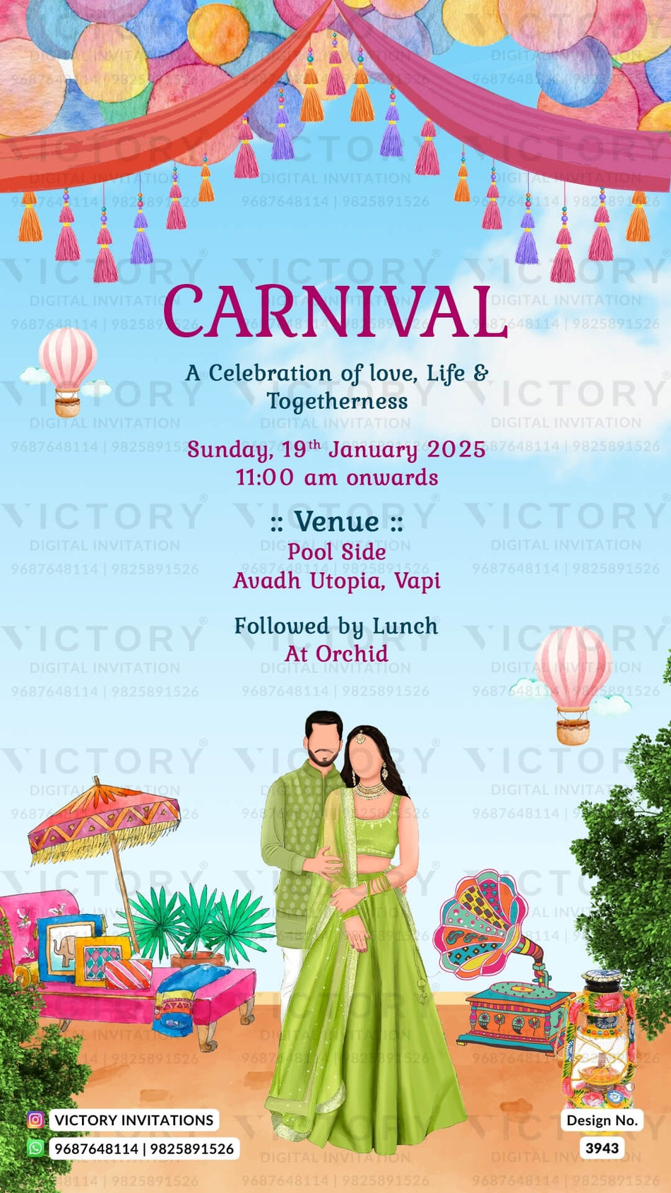 Carnival Party invitation card in english language with couple doodle, hit air balloons as carnival theme design 3943