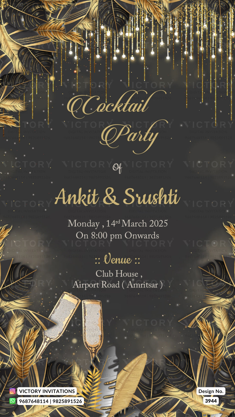 Cocktail Party invitation card in english language with glittery theme design 3944