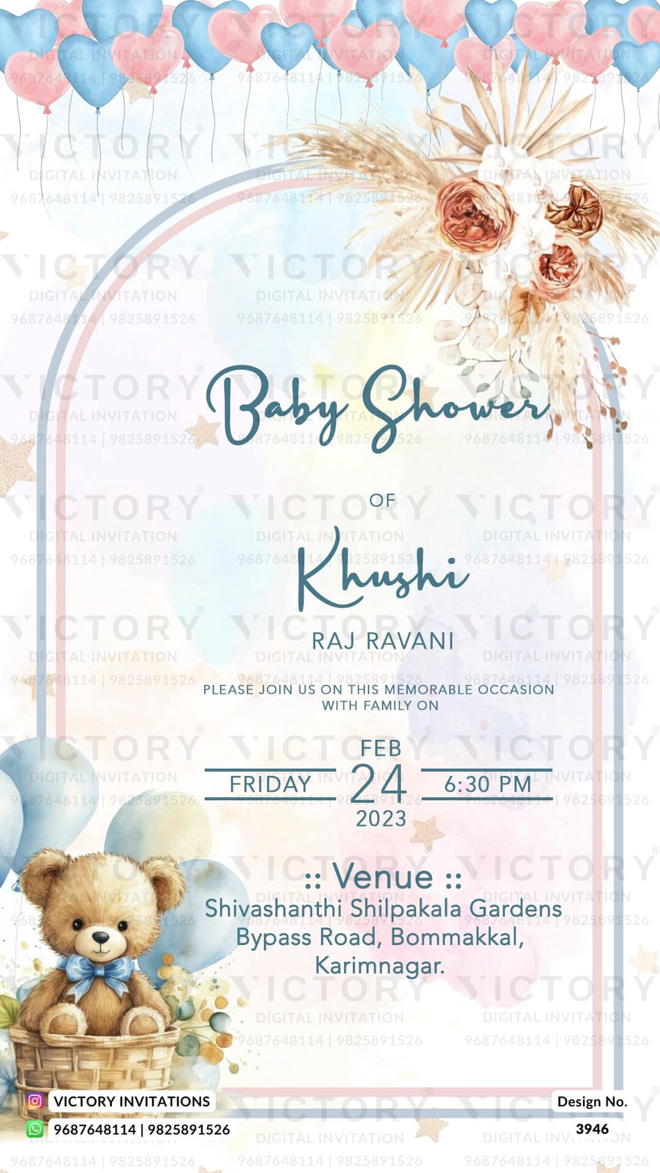 Baby Shower ceremony invitation card in english language with teddy bear, flowers as playful theme design 3946