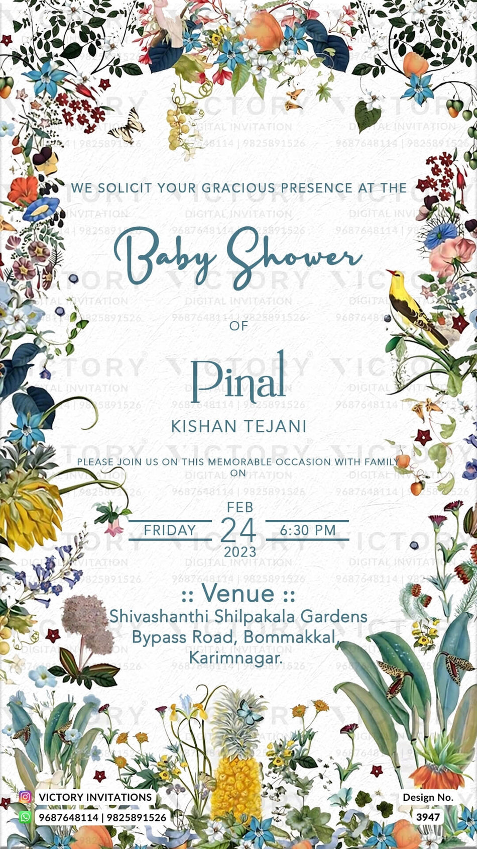 Baby Shower ceremony invitation card in english language with leaves, flowers as floral theme design 3947