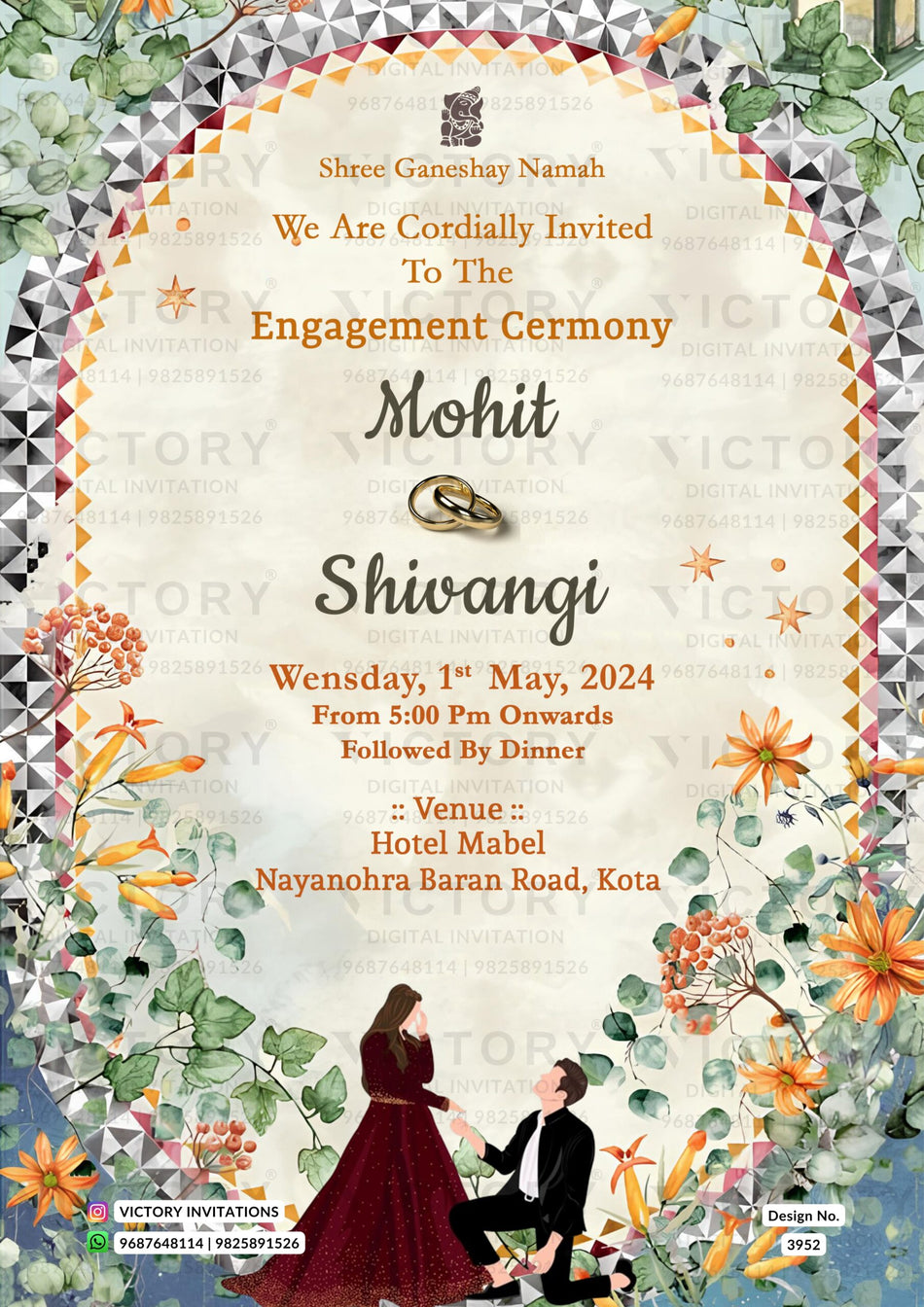 Engagement ceremony invitation card in english language with leaves, flower as traditional theme design 3952
