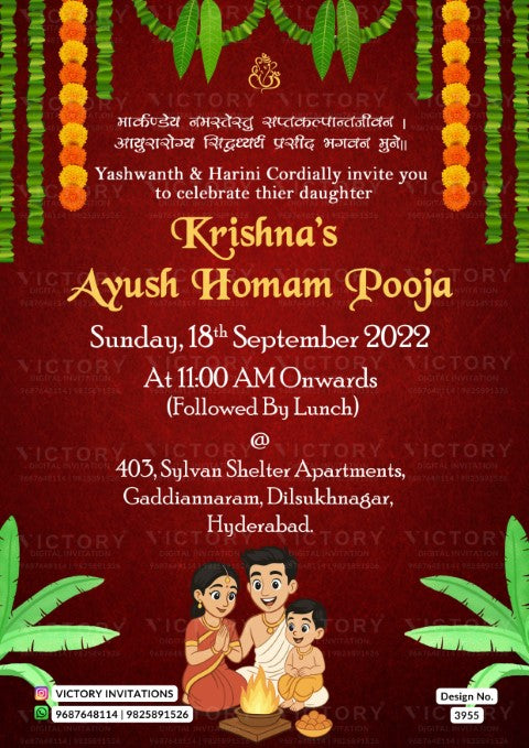Ayush Homan ceremony invitation card in english language with banana leaves, family dodle as traditional theme design 3955